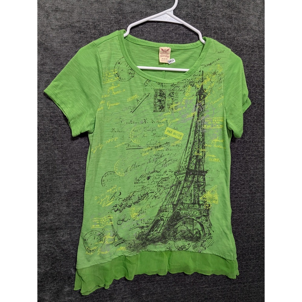 Faded Glory‎ Green Eiffel Tower Paris Graphic Tee Ruffle Hem Rhinestone Womens M